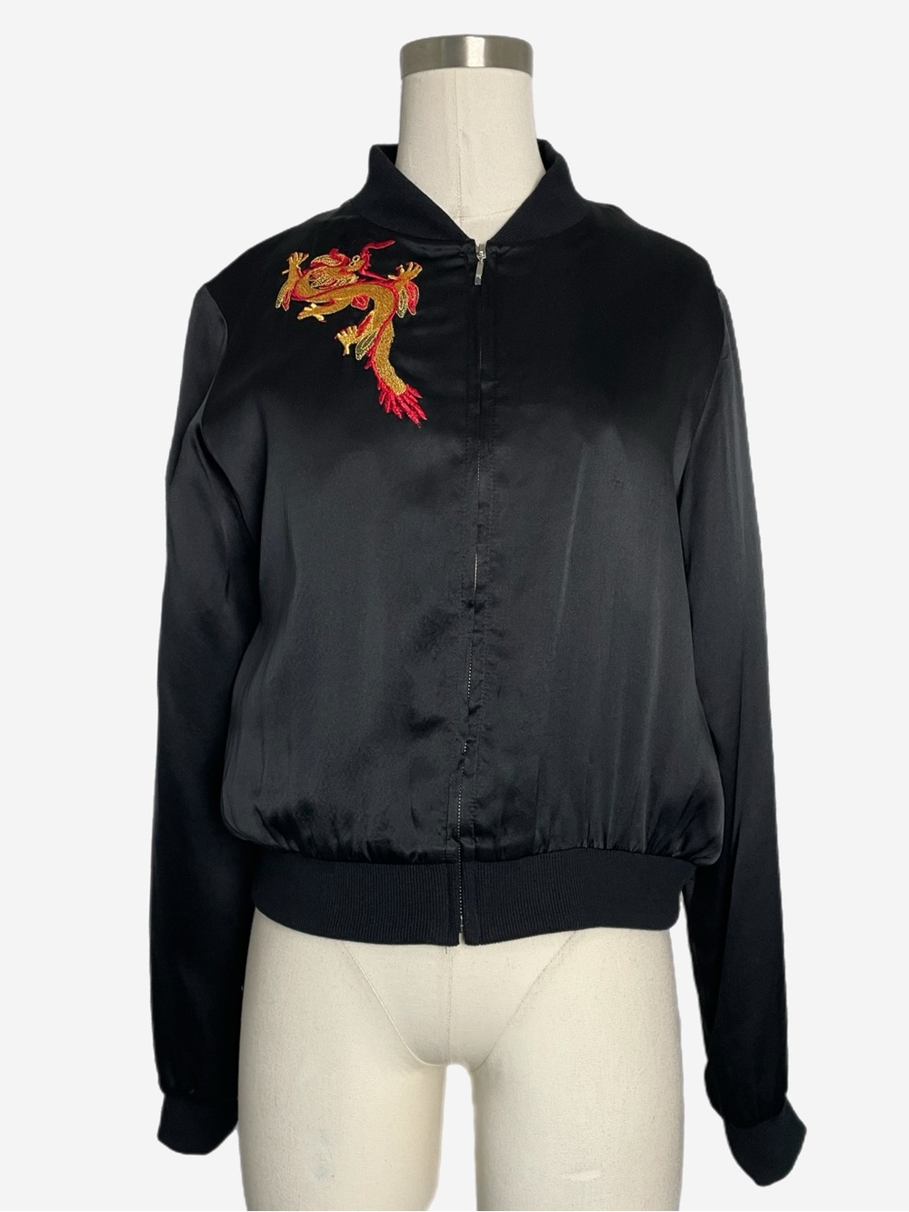 Vintage Y2K Clio Black silk dragon embroidered short bomber jacket *flaw* XS/S